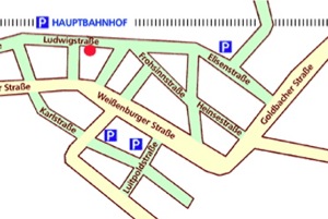 Wegweiser zu unserem Unterrichtsraum 
 im Ludwigshof in der Ludwigspassage gegenüber dem Hauptbahnhof
  1. Stock
  Ludwigstr. 7,
  63739 Aschaffenburg